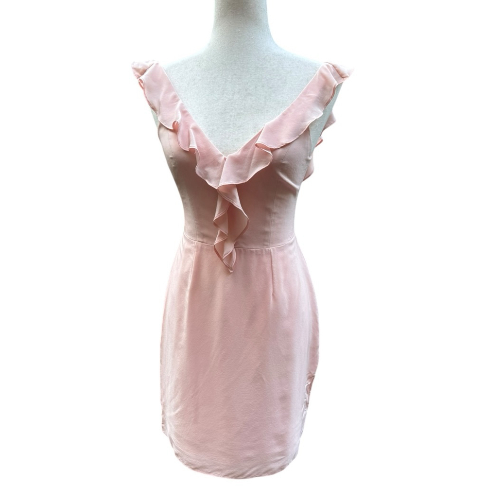 Amanda Uprichard Petal Pink Blush 100% Silk Mini Dress Small Ruffle V-Neck
